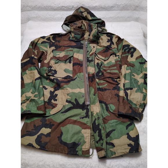 VTG Military Jacket Sz S Long Guida Field Cold Weather Camouflage Green Zip Snap - Picture 1 of 8